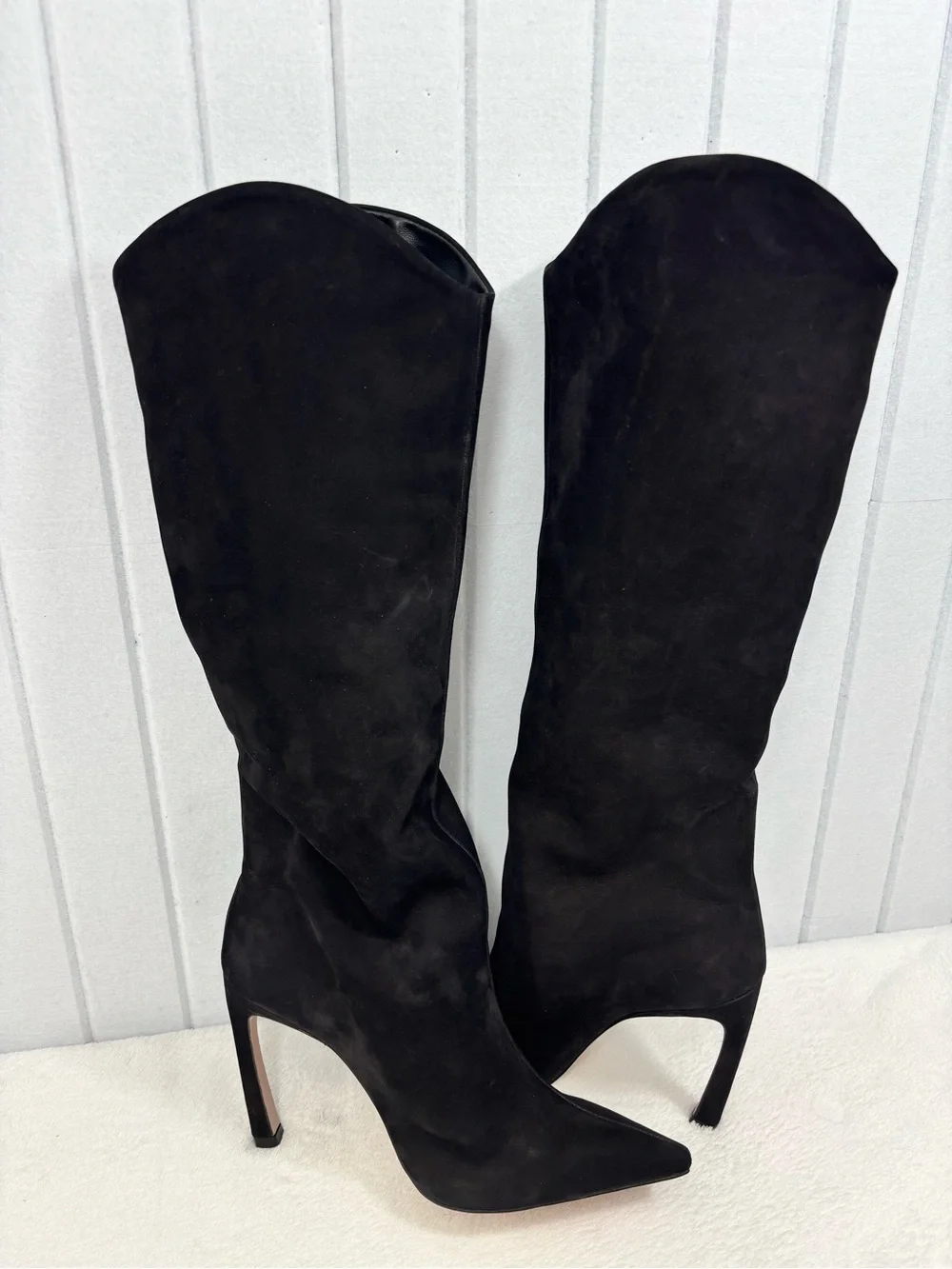 SCHUTZ Black Suede MARYANA SCULPT LEATHER BOOT Pointed Stiletto Boots Size 9B